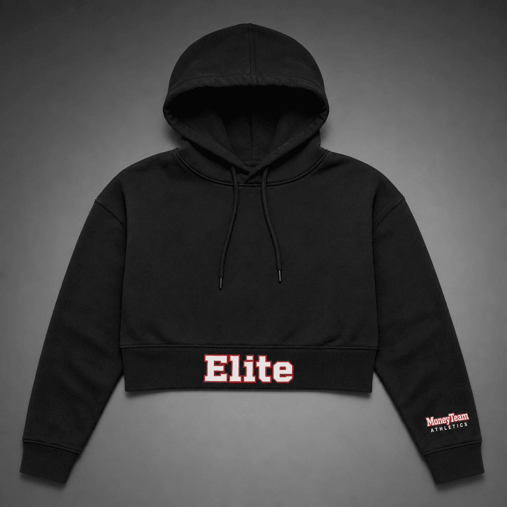 Black women's-fit cropped pullover hoodie with 'Elite' in Square Letters style on the ribbed cropped hem