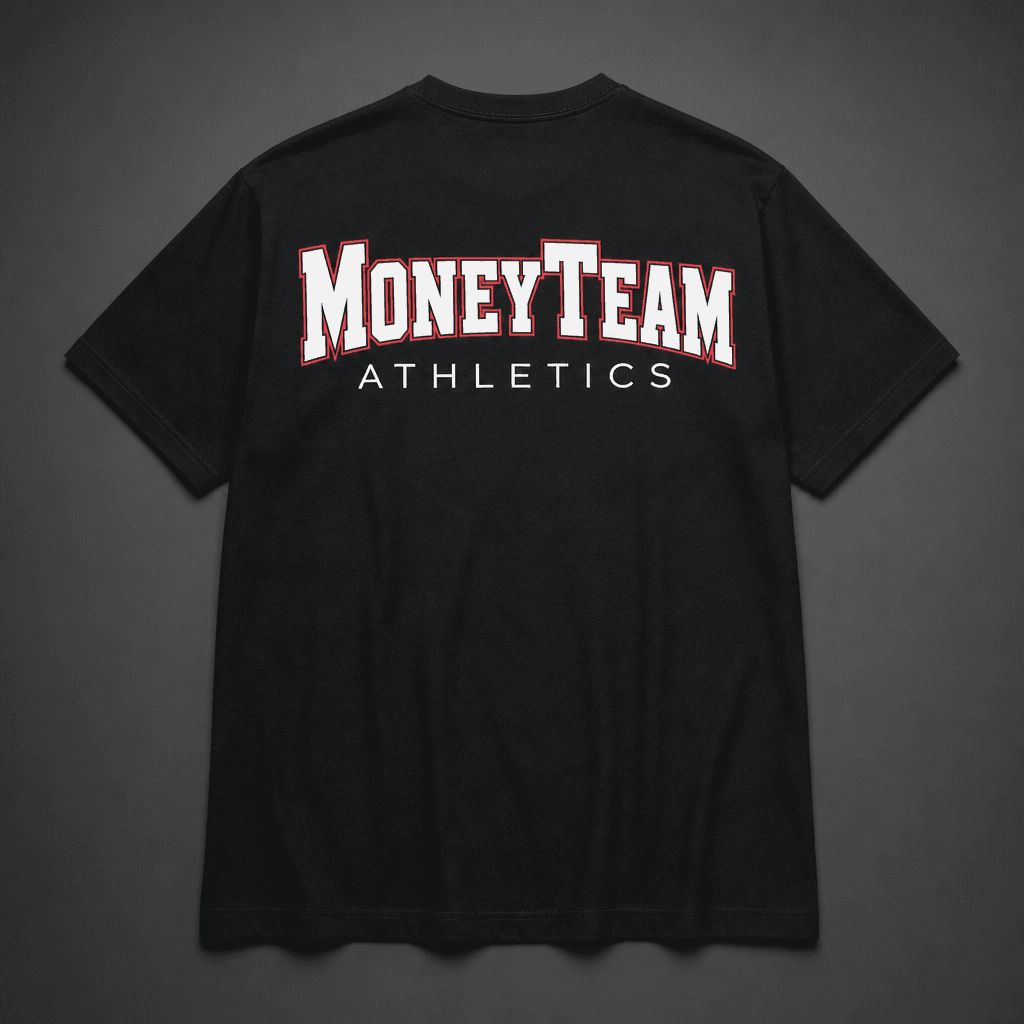 Back of black MoneyTeam Heritage Tee with oversized Square Letters MoneyTeam Athletics screen print
