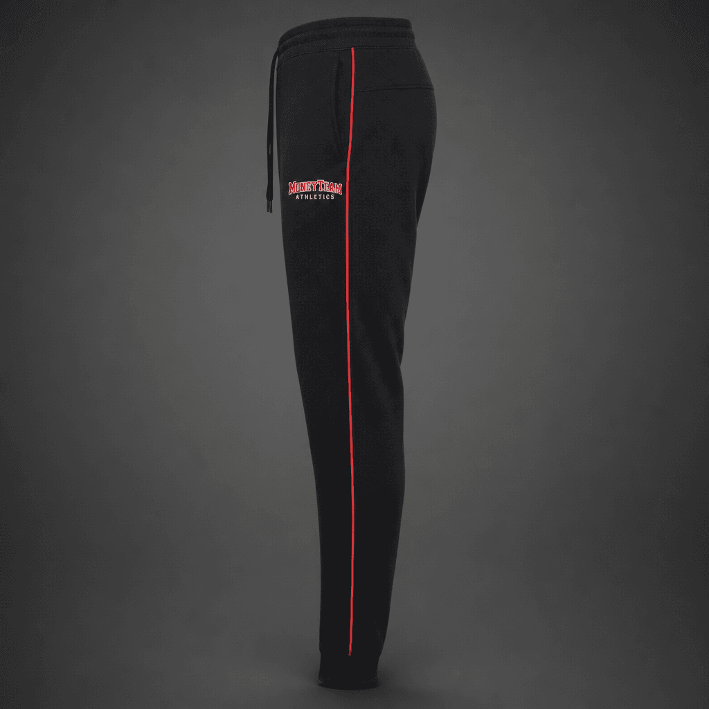 Black athletic joggers with red outer-seam stripe and Square Letters logo at the hip