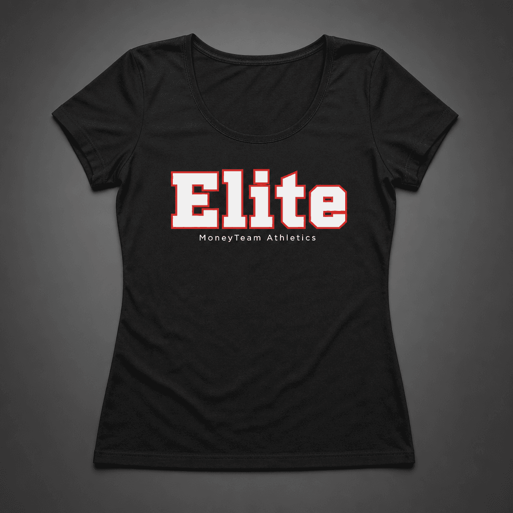 Black women's scoop-neck tee with Square Letters 'Elite' hero word and MoneyTeam Athletics beneath