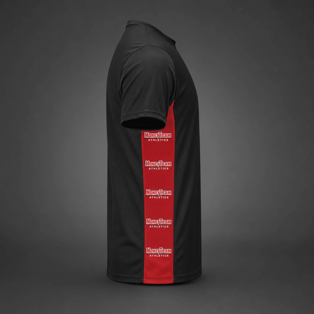 Black moisture-wicking performance tee with vertical red side panel and repeating Square Letters logo