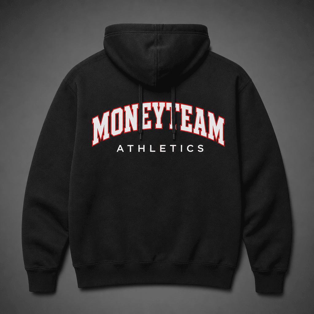 Back of black pullover hoodie with curved Square Letters MoneyTeam Athletics screen print across the shoulders