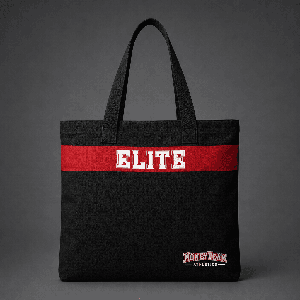 Black canvas stadium tote with red top band carrying 'Elite' in Square Letters style