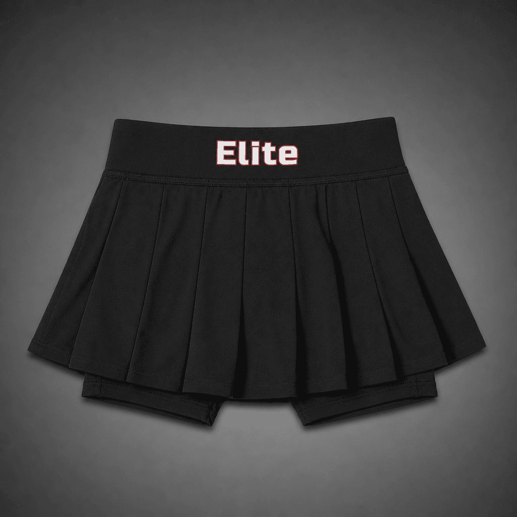 Black pleated tennis skort with 'Elite' in Square Letters style on the front waistband