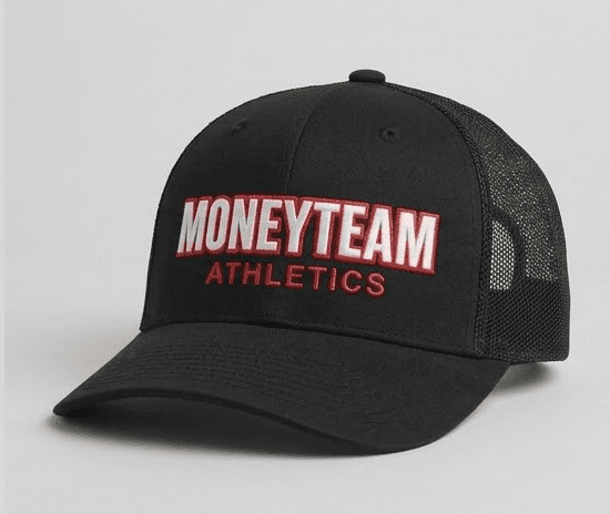 Black MoneyTeam Athletics trucker hat with red all-caps logo