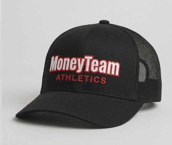 Black MoneyTeam Athletics trucker hat with red mixed-case logo