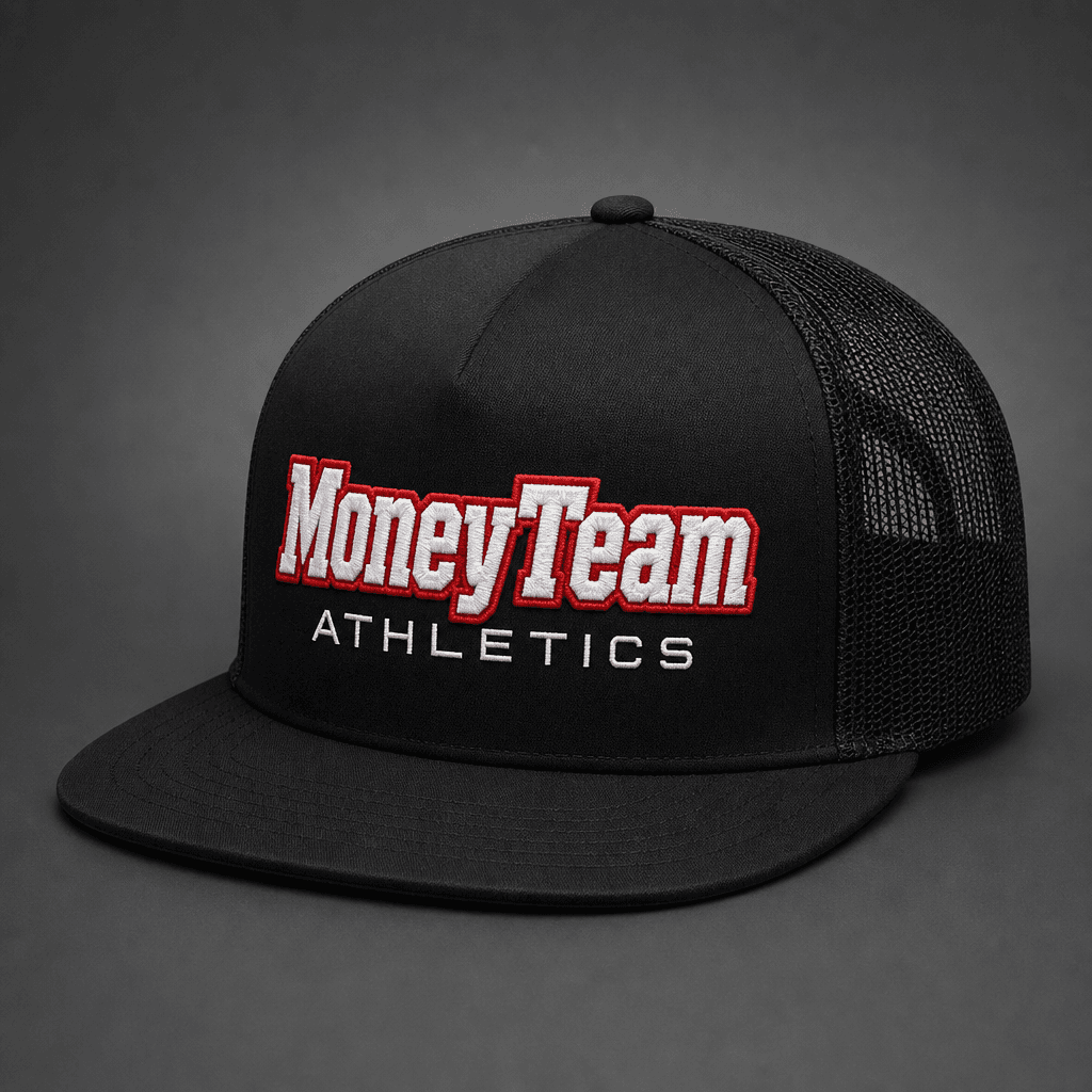 Black MoneyTeam Athletics trucker hat with square-letters mixed-case logo