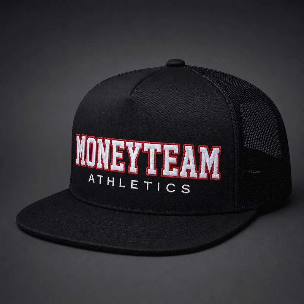Black MoneyTeam Athletics trucker hat with square-letters all-caps logo