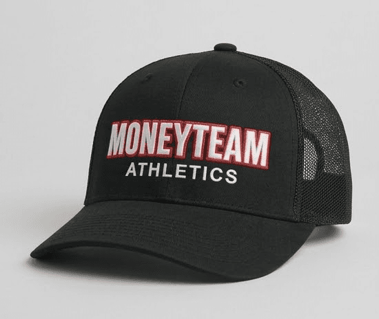Black MoneyTeam Athletics trucker hat with white all-caps logo