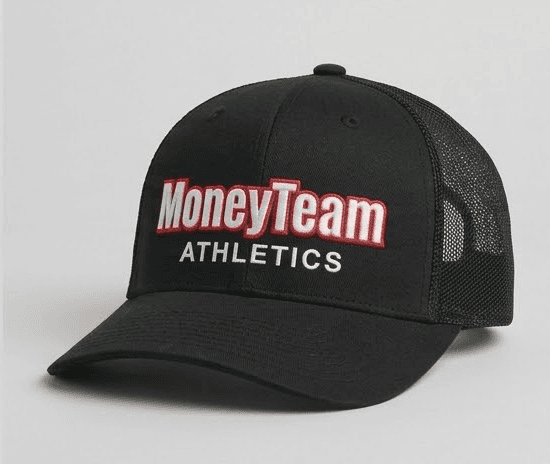Black MoneyTeam Athletics trucker hat with white mixed-case logo