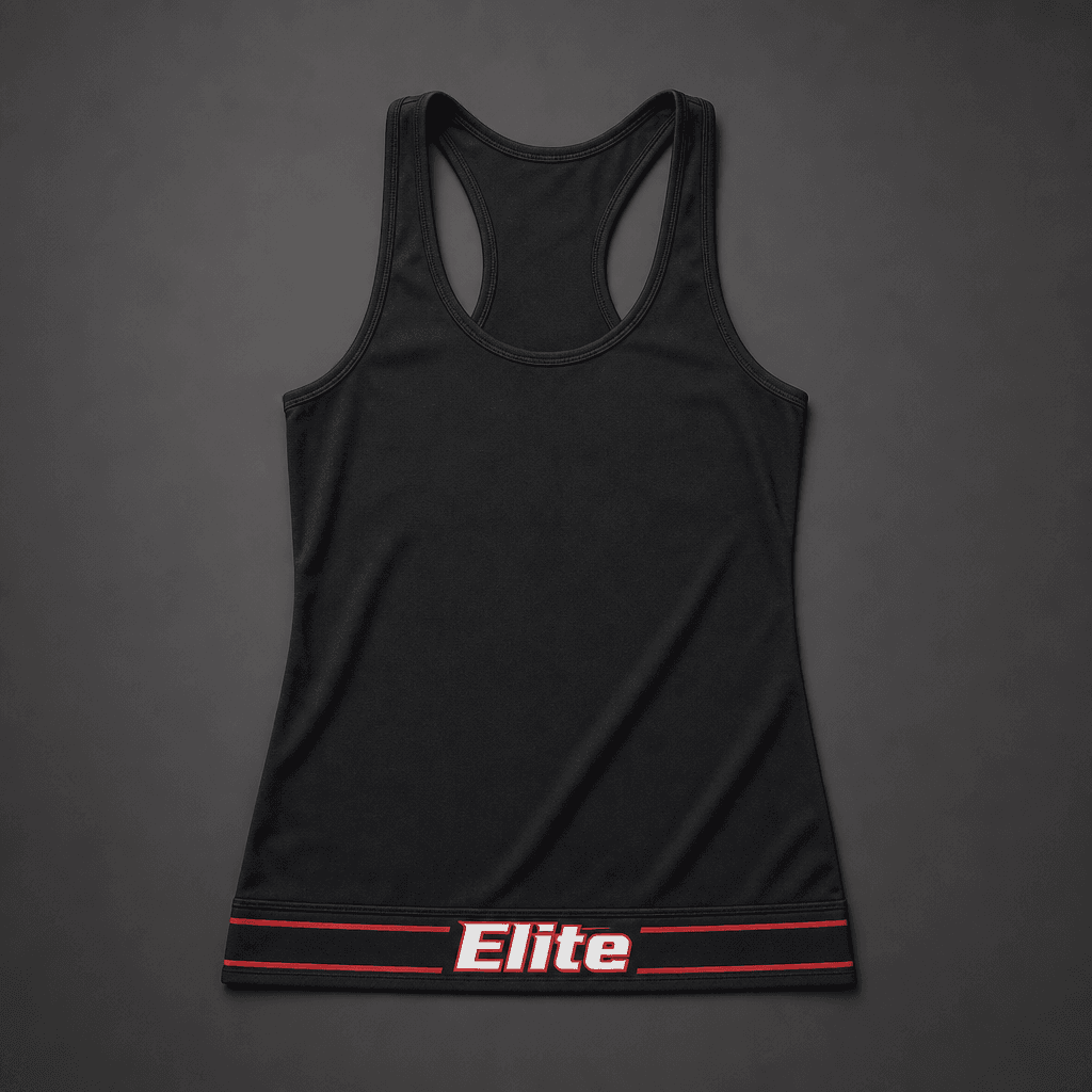 Black women's racerback athletic tank with 'Elite' in Square Letters style on the front hem band